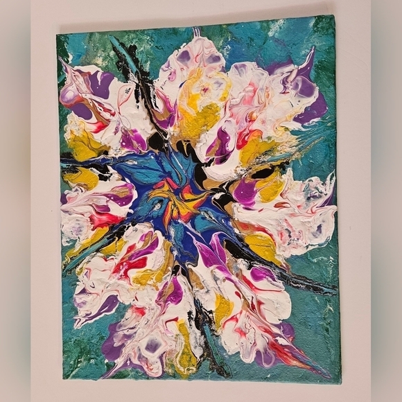 Hand Crafted original fluid art abstract dutch pour floral art upcycled blue - Picture 4 of 12